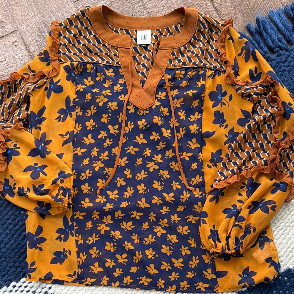 CAbi Mustard and Navy Floral Tie Neck Ruffle Blouse